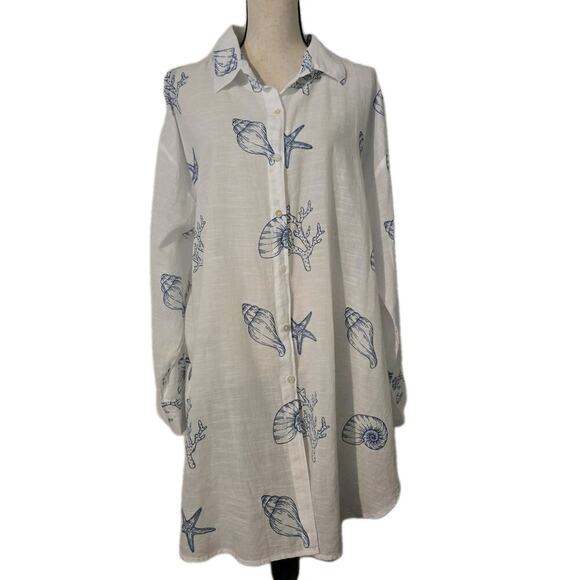 blue island Tops - Women's Blue Island Blue/White Shells Top Tunic 100% Cotton Sz 3XL